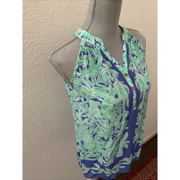 Lilly Pulitzer 100% Silk Top XXS Blue White Sleeveless Beautiful Buttons RARE - Picture 3 of 7